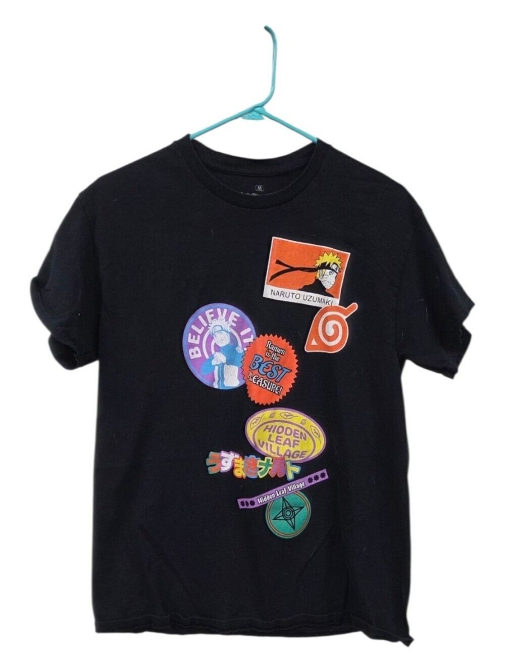 Naruto Graphic Black Medium T-Shirt with Colorful Badge Prints